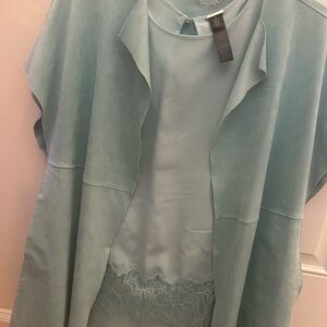 Chic Light Blue Blouse with Lace Accent